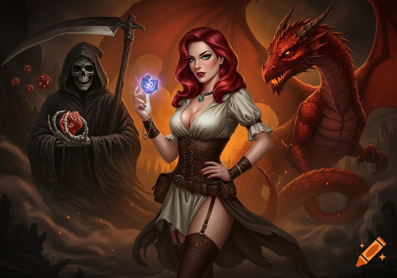 A red-haired prophetess holding a glowing blue die, flanked by a cloaked Grim Reaper holding red dice and a red dragon with large wings, in a dark fantasy setting.
