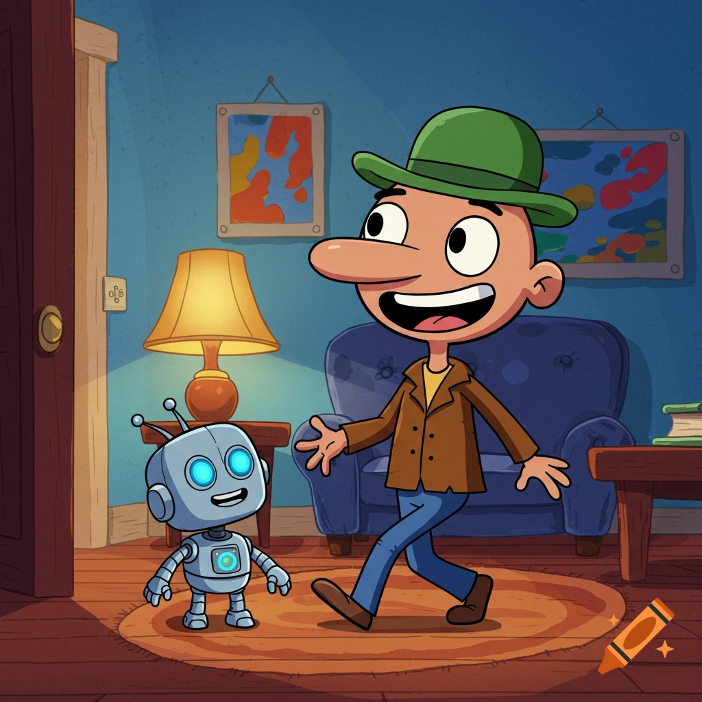 A 2D cartoon of a smiling man with a green hat and long nose walking into a room where a small, happy robot with glowing blue eyes awaits.
