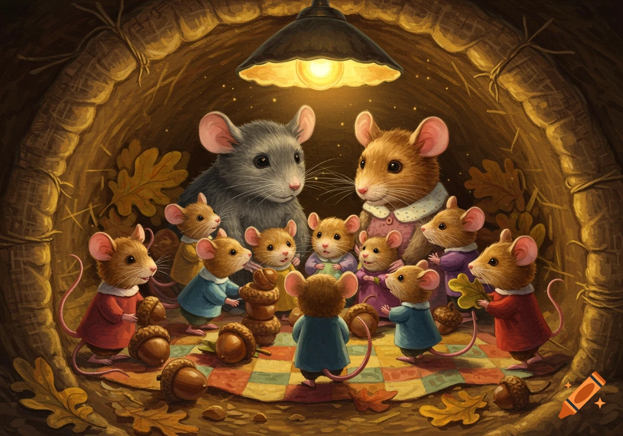 A large family of anthropomorphic mice, including two parents and several children, gather in a cozy burrow lit by a lamp, playing with acorns on a checkered rug.