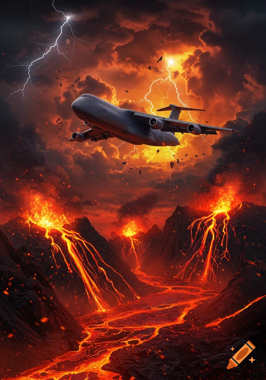 A large grey military transport plane flies through a fiery, lightning-filled sky above active volcanoes spewing bright orange lava.