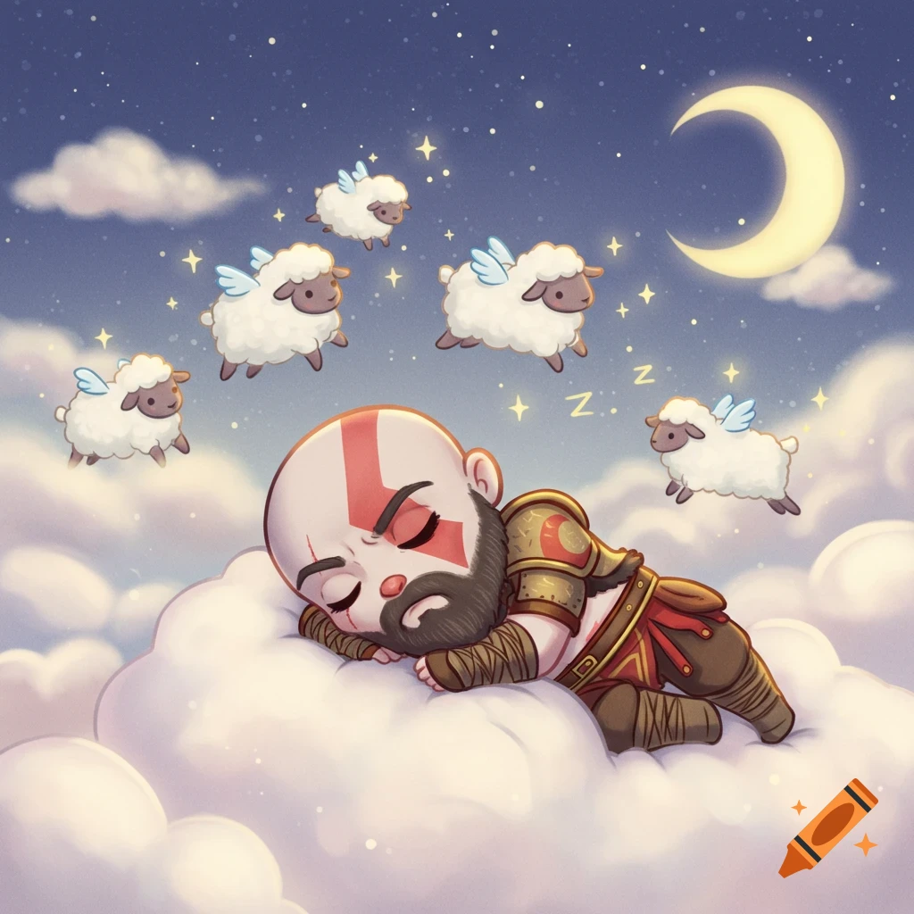 Chibi Kratos sleeps peacefully on a fluffy cloud under a starry night sky, with winged sheep flying past a crescent moon.