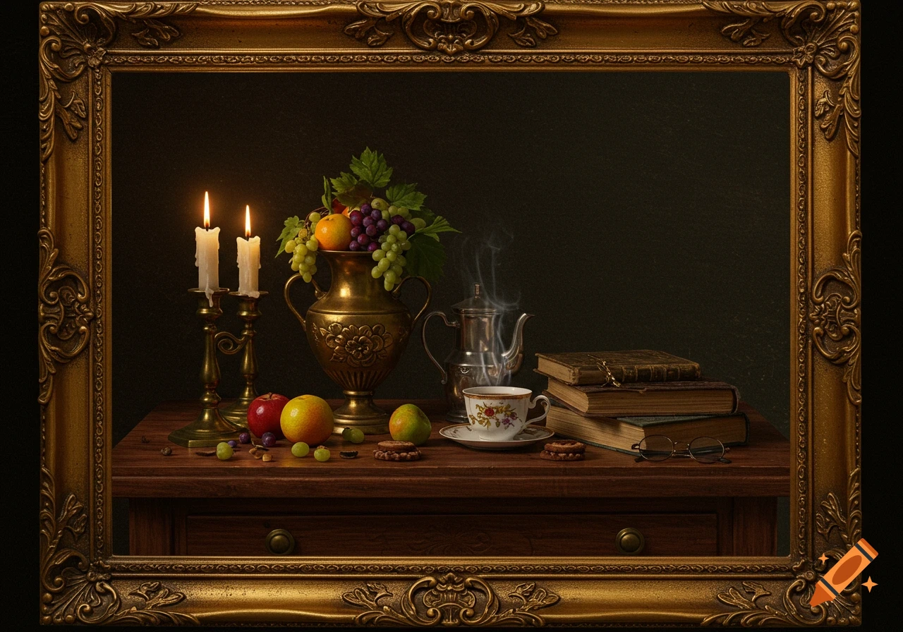 A still life composition framed by an ornate golden frame, featuring candles, a vase of fruit, teapot, steaming teacup, books, and glasses on a wooden table.