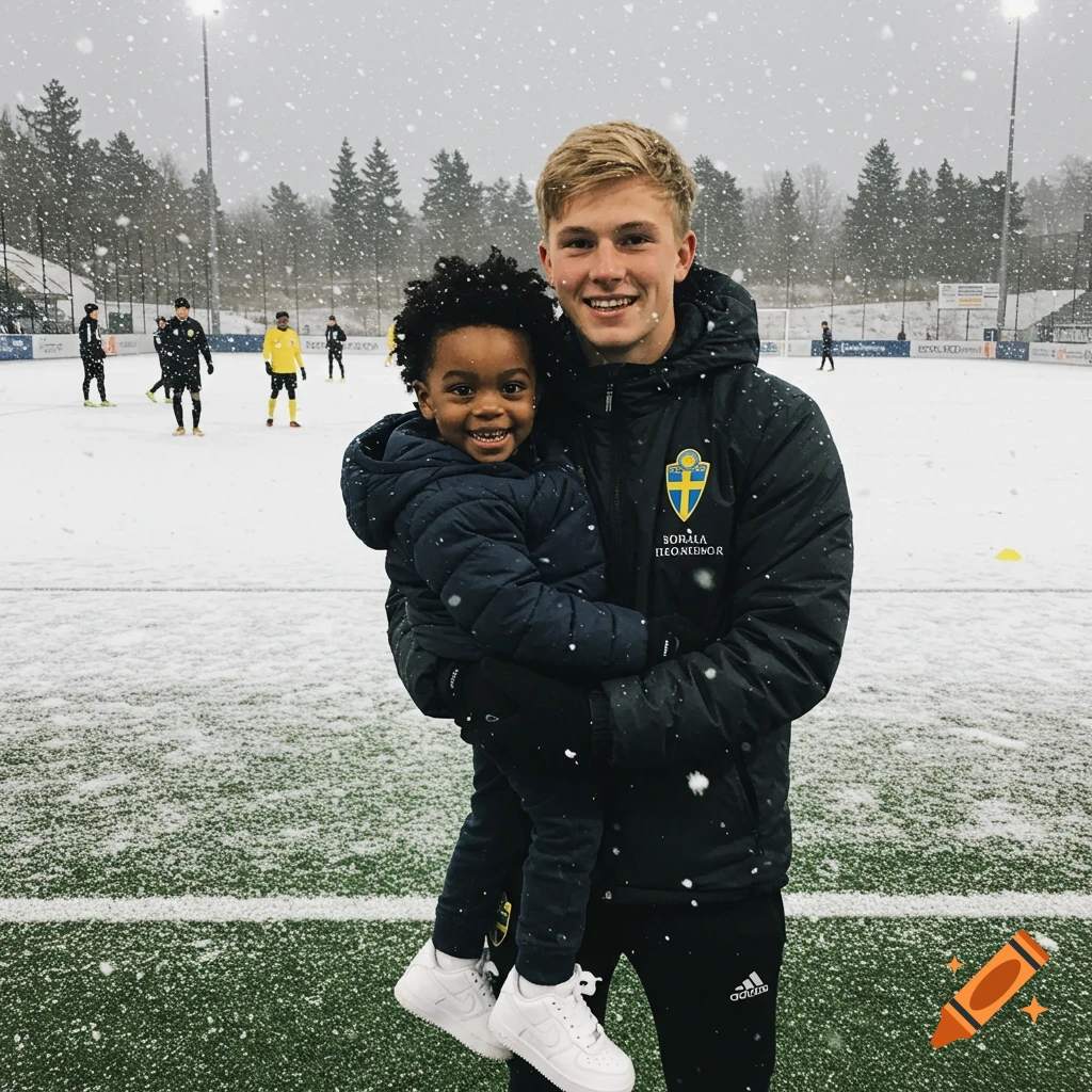 A smiling blonde man holds a young boy on a snowy soccer field during a snowfall.