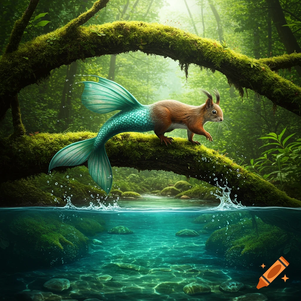 A photorealistic squirrel with a mermaid-like fish tail perches on a mossy log above clear green water in a vibrant forest.