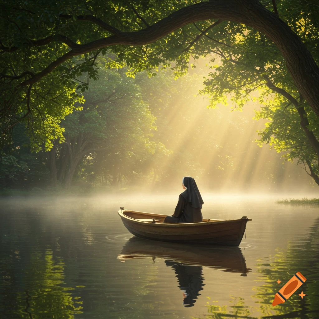 A nun in a black habit sits in a small wooden boat on a misty lake, bathed in sunlight filtering through dense green trees.