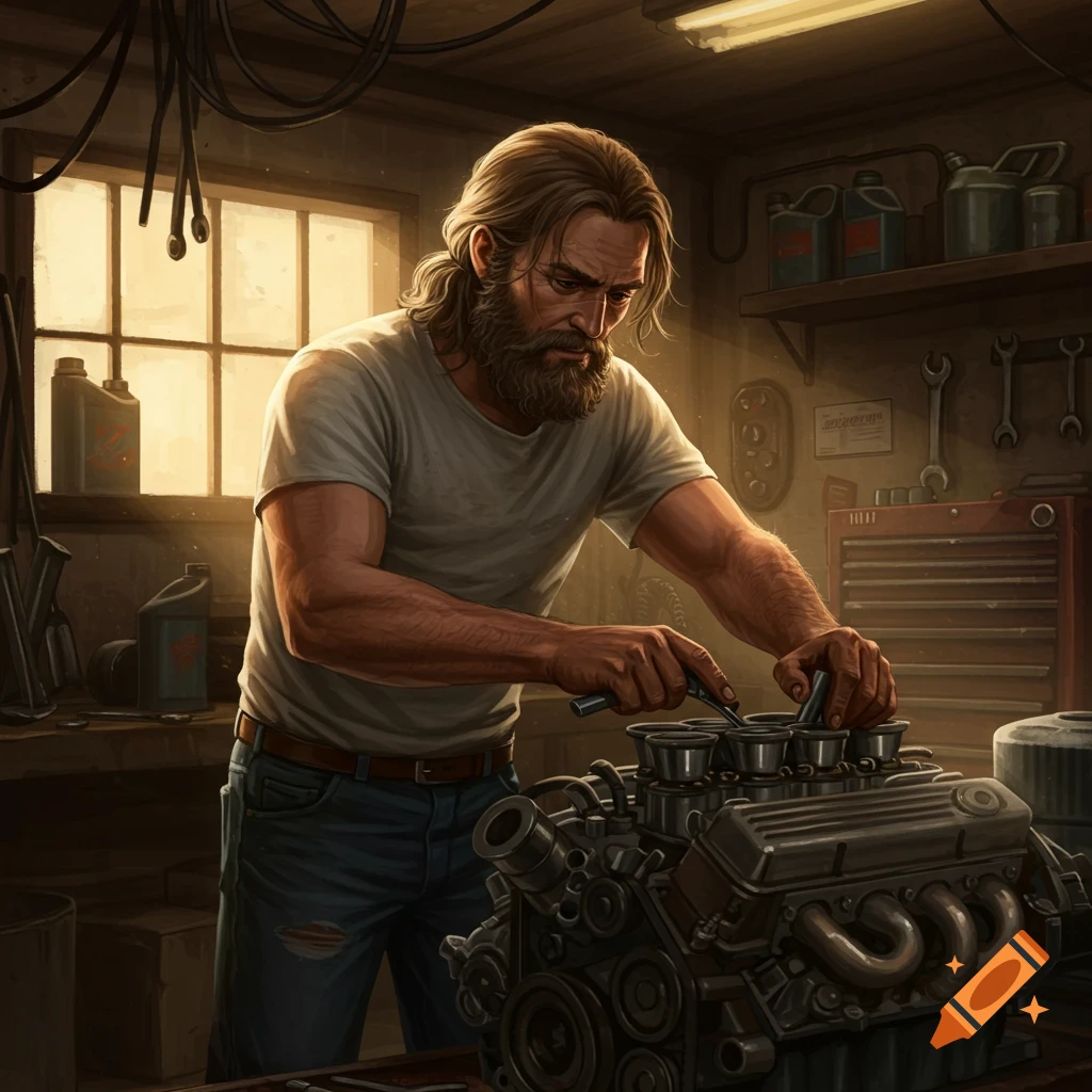 A long-haired, bearded man in a t-shirt and jeans works on a car engine in a dimly lit workshop, illuminated by light from a window.