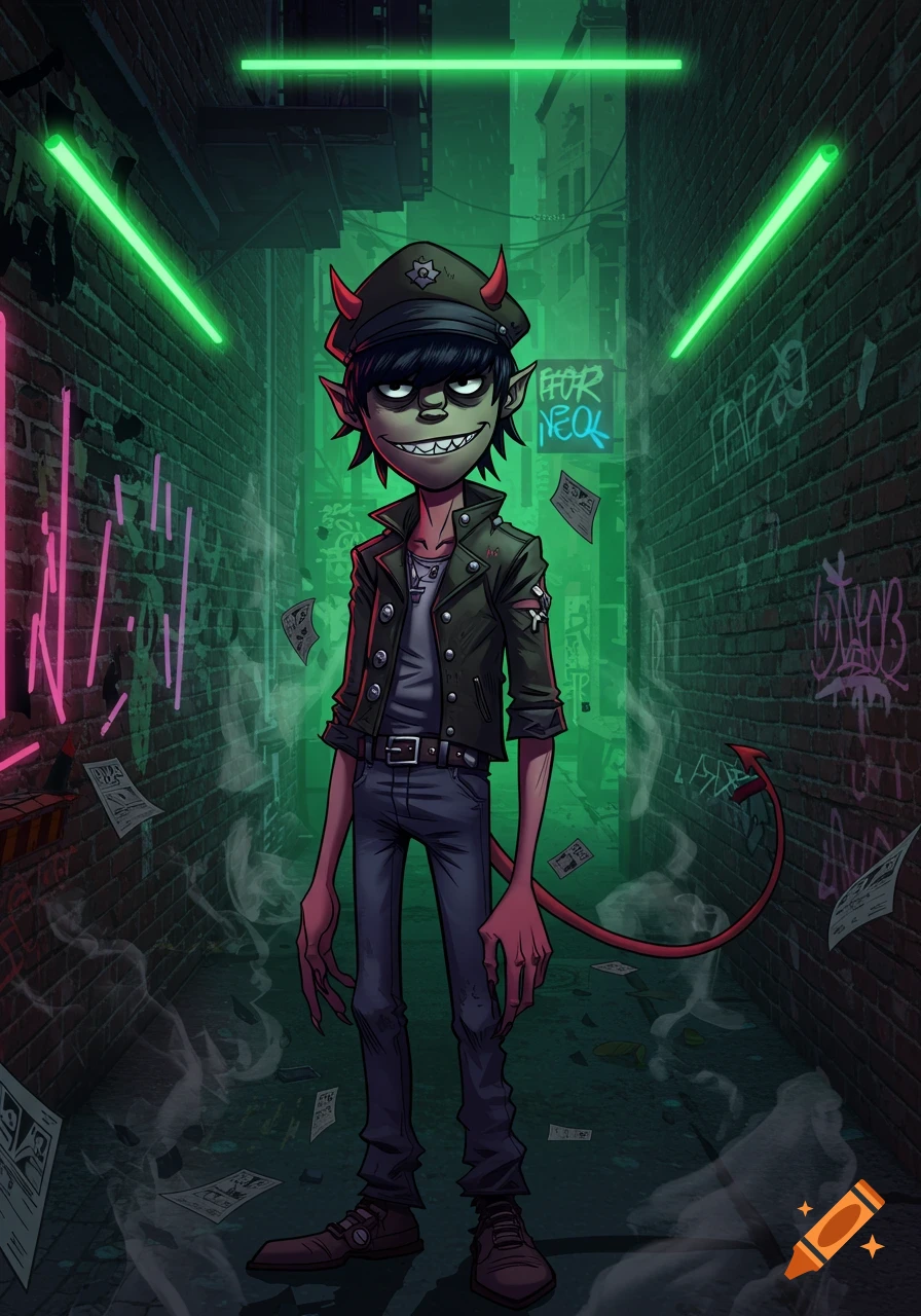 Murdoc Niccals from Gorillaz, with green skin, horns, and a devil tail, stands in a neon-lit, graffiti-covered urban alley.