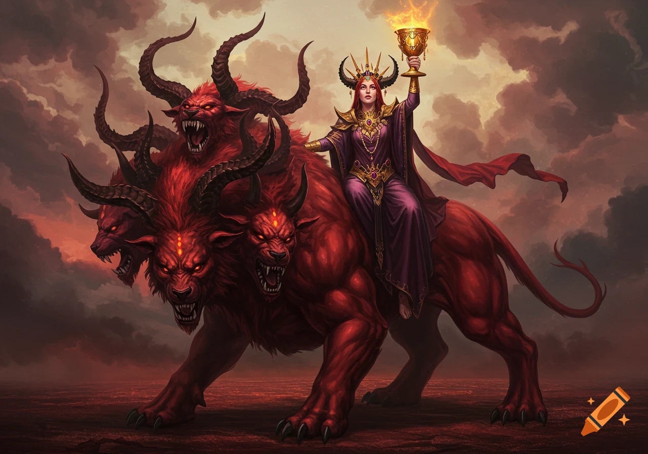 A woman in purple and gold rides a monstrous, red, seven-headed beast with horns, holding a flaming gold cup under a stormy sky.