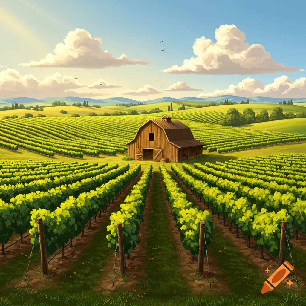 Illustrative landscape of a sunny vineyard with rows of grapevines leading to a rustic wooden barn under a blue sky with clouds.