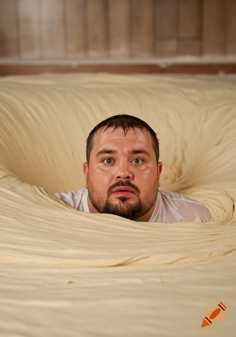 A heavy-set man with a beard and wet hair looks surprised, submerged up to his neck in a wavy, light-colored doughy substance.
