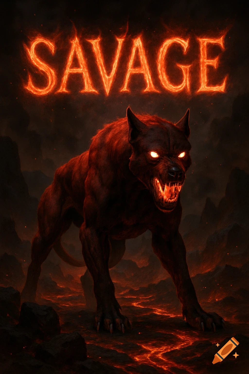 A red hellhound with glowing white eyes and a fiery mouth stands in a lava landscape under a glowing "SAVAGE" title.