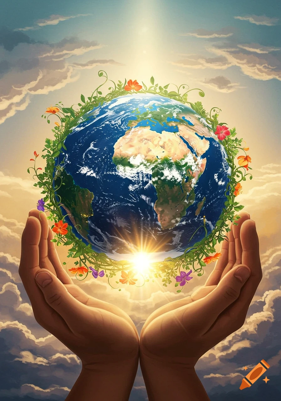 Cupped hands hold the Earth encircled by vibrant green vines and colorful flowers, against a warm, cloudy sky with a sunburst.