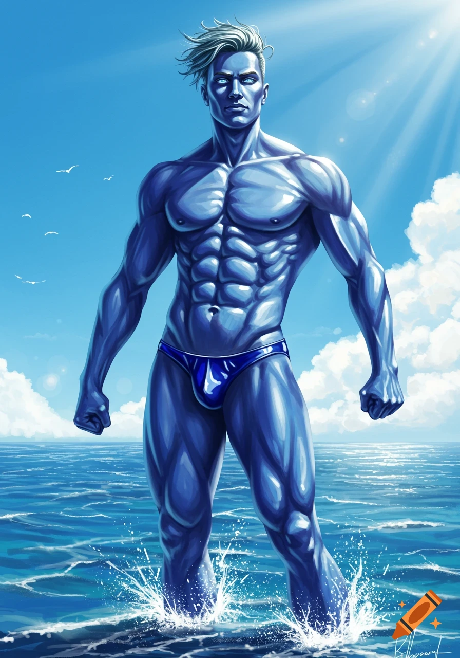 A highly muscular, blue-skinned man in a dark blue speedo stands in splashing ocean water under a bright blue sky, in an illustrative style.