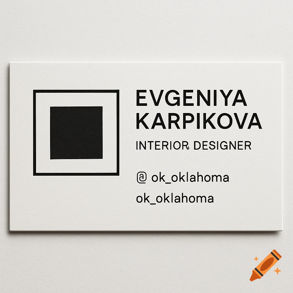 A minimalist white business card for Evgeniya Karpikova, an interior designer, featuring a black square logo and contact information.