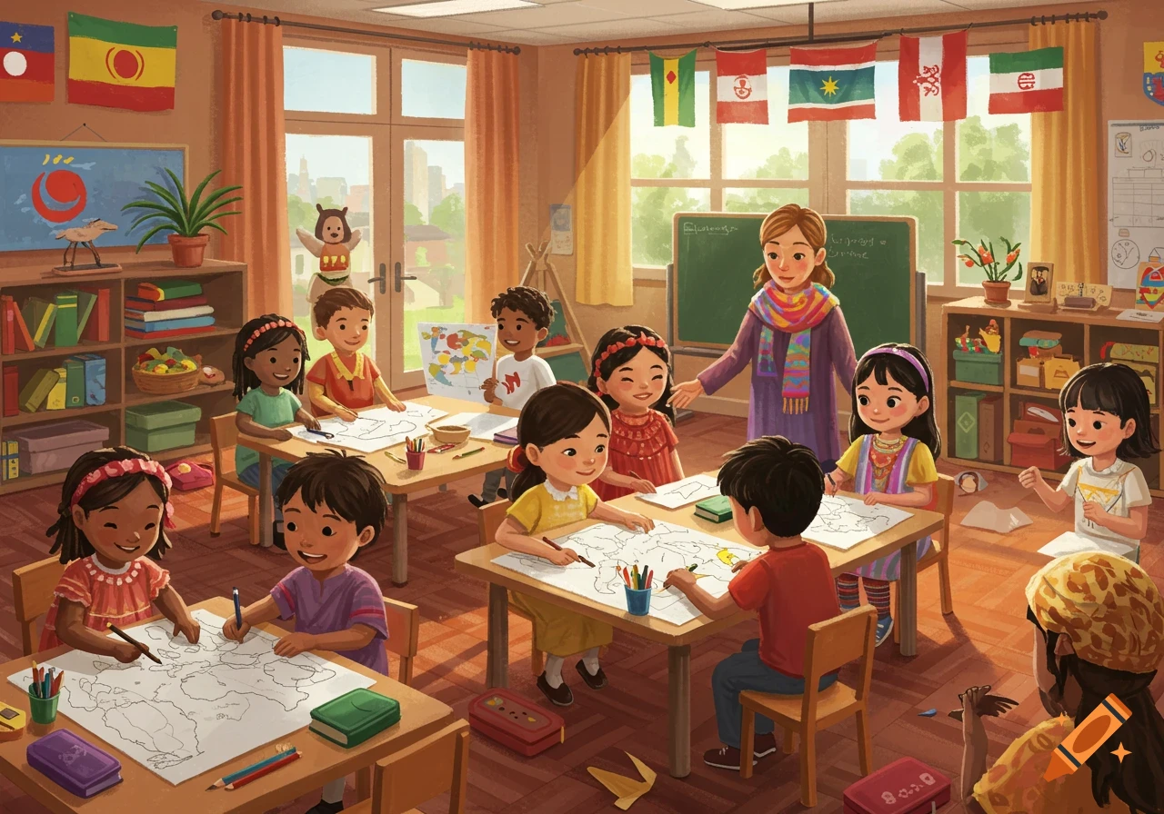 An illustration of a diverse group of children and a teacher in a classroom decorated with various flags, with children coloring maps at tables.