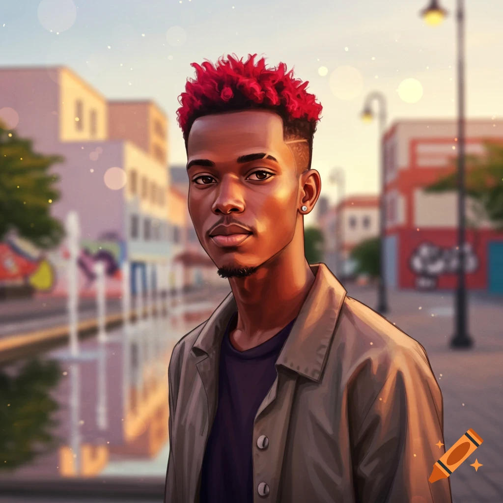 A stylized portrait of a young man with dark skin and bright red curly hair, wearing a brown jacket, standing on a city street at sunset.