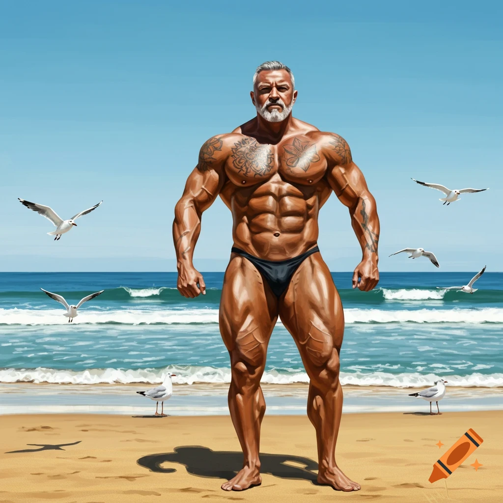 A muscular, grey-haired bodybuilder in a black speedo poses on a sandy beach with seagulls and ocean waves. Photorealistic style.