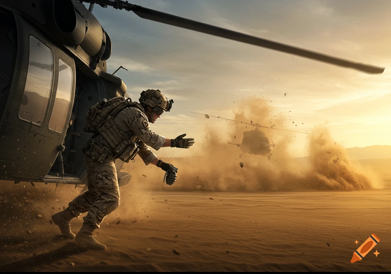 A soldier with a grenade jumps from a Blackhawk helicopter in a dusty desert at sunset, another helicopter in the distance.