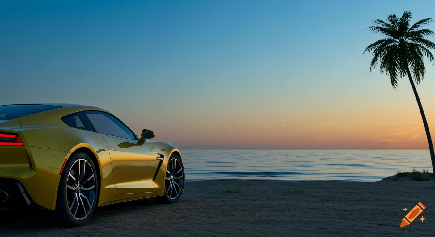 A sleek yellow sports car is parked on a sandy beach at sunset, with a tranquil ocean and a silhouetted palm tree in the background.