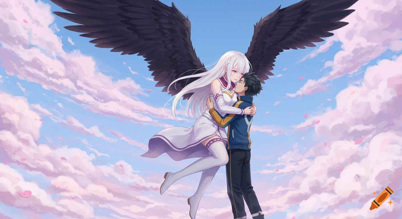 An anime woman with long white hair and black wings hugs a man in a blue jacket while floating in a pastel sky with pink clouds.