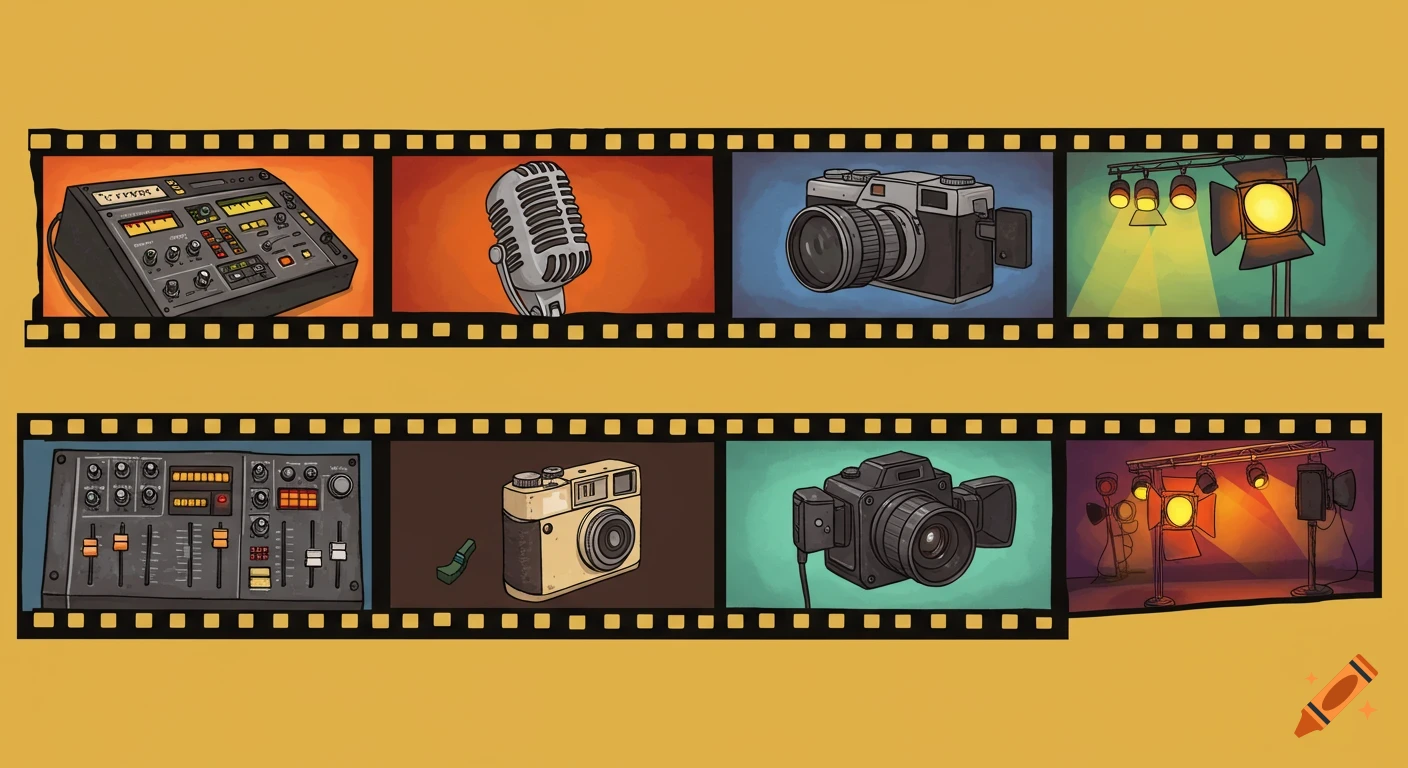 A cartoon film strip shows various media production equipment in its frames: a sound mixer, a microphone, a still camera, a video camera, and stage lights, all in a drawing style.