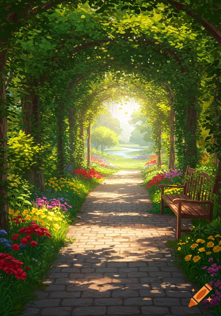 A vibrant garden path under a green leafy archway, lined with colorful flowers and a wooden bench on the right.