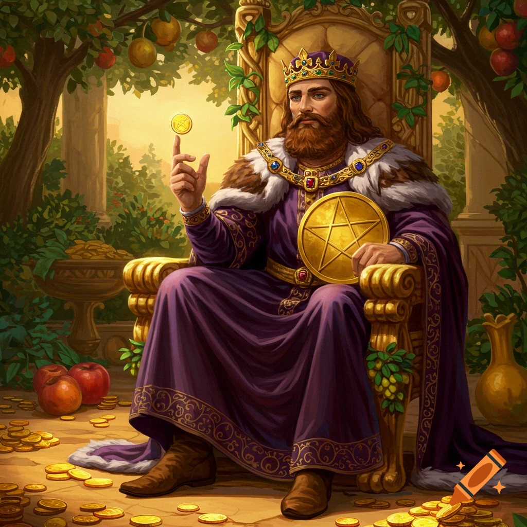 A bearded king in purple robes sits on a golden throne, holding a pentacle and a floating golden coin, surrounded by piles of coins and fruit trees in a lush garden.