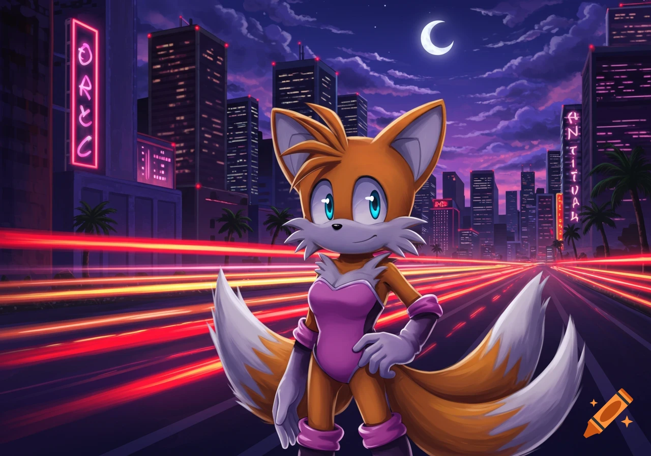 A cartoon fox character resembling Tails from Sonic, wearing a purple bodysuit, stands in a futuristic neon cityscape at night with light trails on the road.