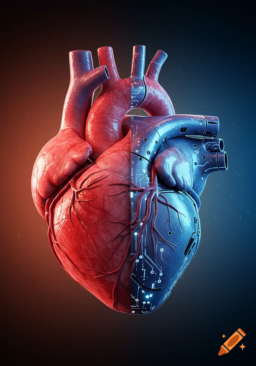 A human heart split down the middle; one half is fleshy and red, the other is metallic blue with glowing circuits, against a gradient background.