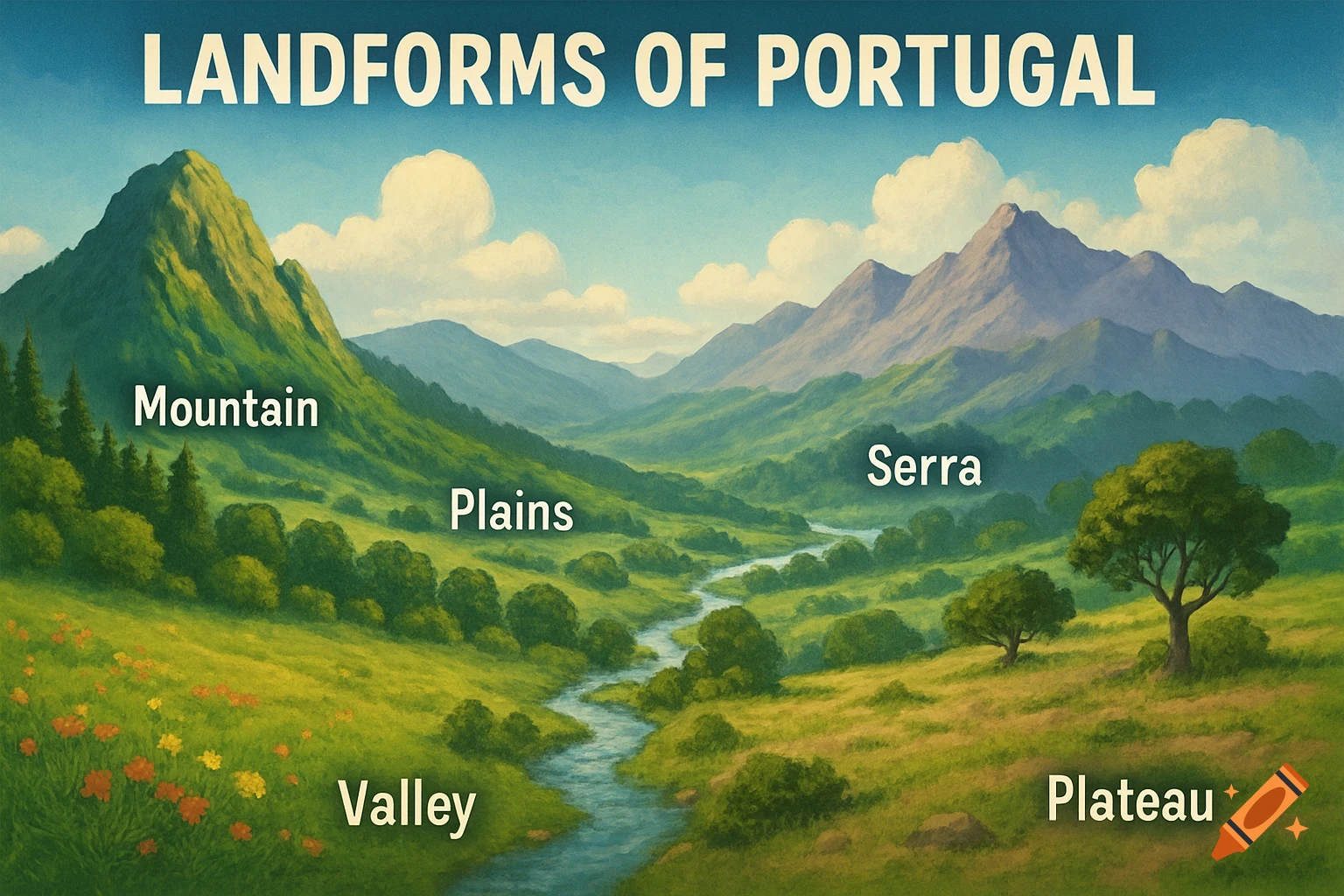 Stylized illustration of Portuguese landforms including mountains, valleys, plains, serra, and plateaus, labeled for educational purposes.