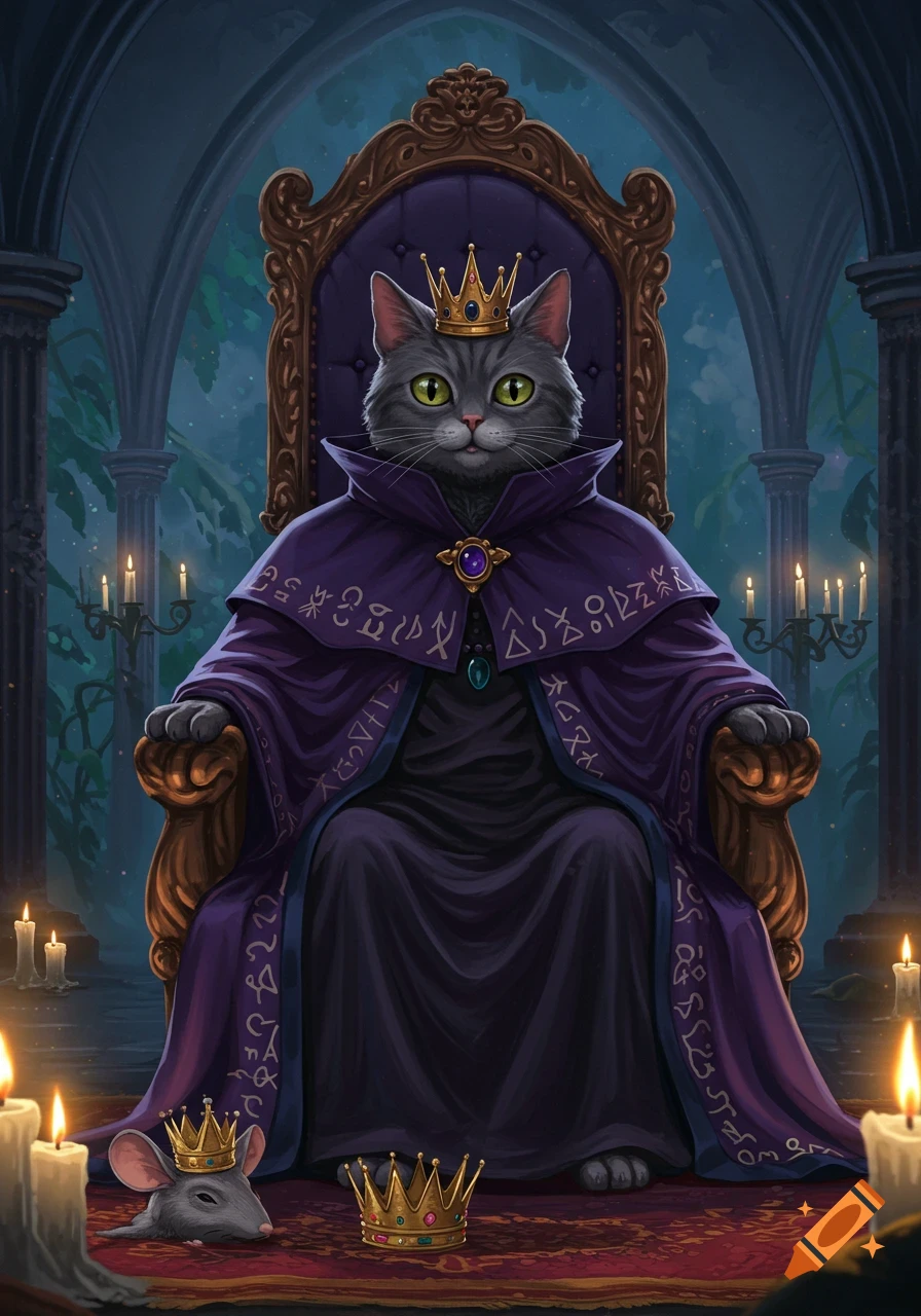 A grey cat wearing a crown and purple necromancer's mantle sits on an ornate throne, with a mouse head and a crown at its feet, in a dark, candlelit hall.