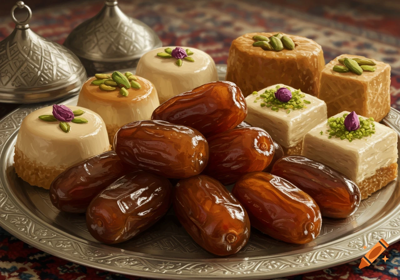 A silver tray filled with glistening brown dates, light-colored cakes, and square wafers topped with green pistachios and small purple flowers.