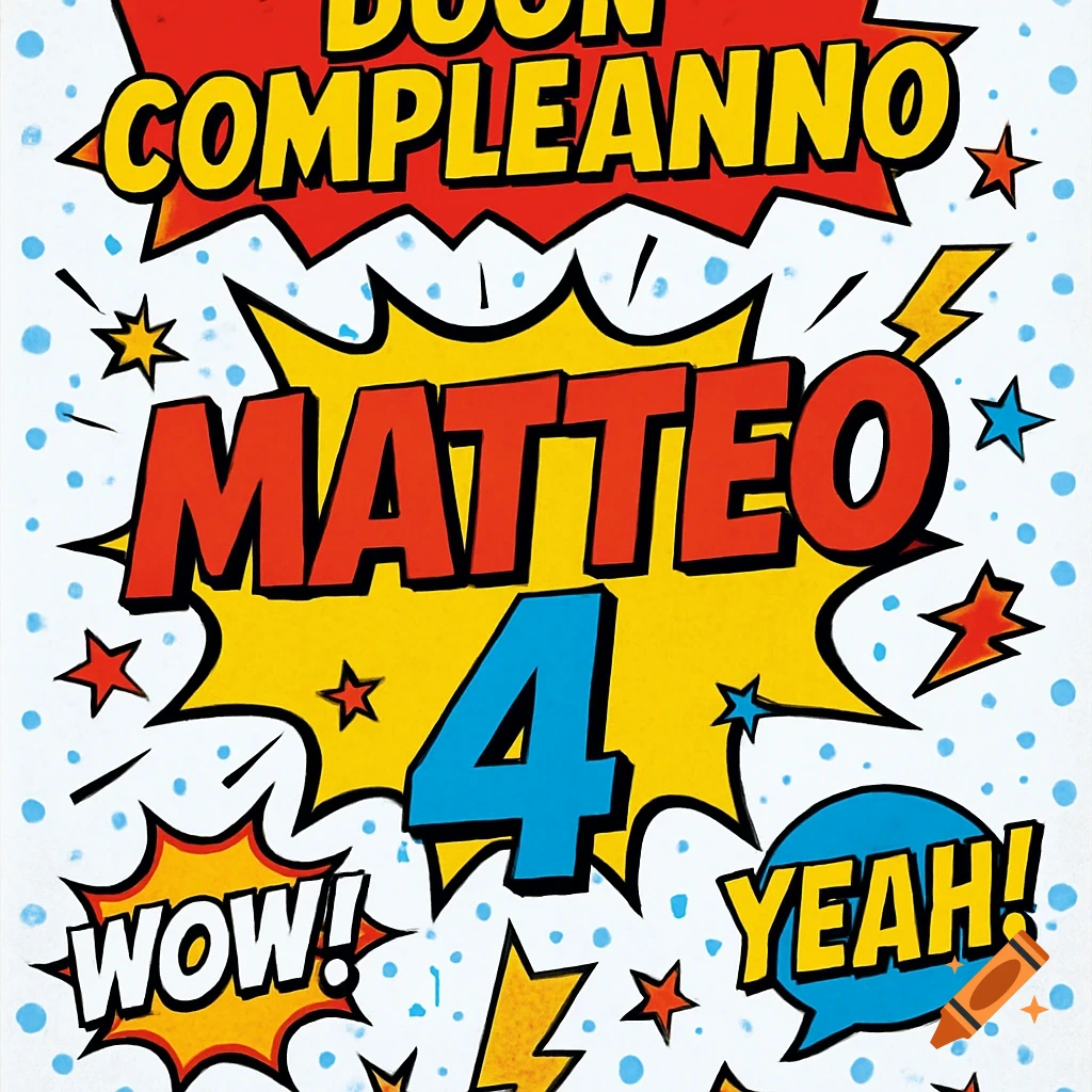 Vibrant comic book style birthday graphic for Matteo's 4th birthday with "BUON COMPLEANNO", "MATTEO", "4", "WOW!", and "YEAH!"