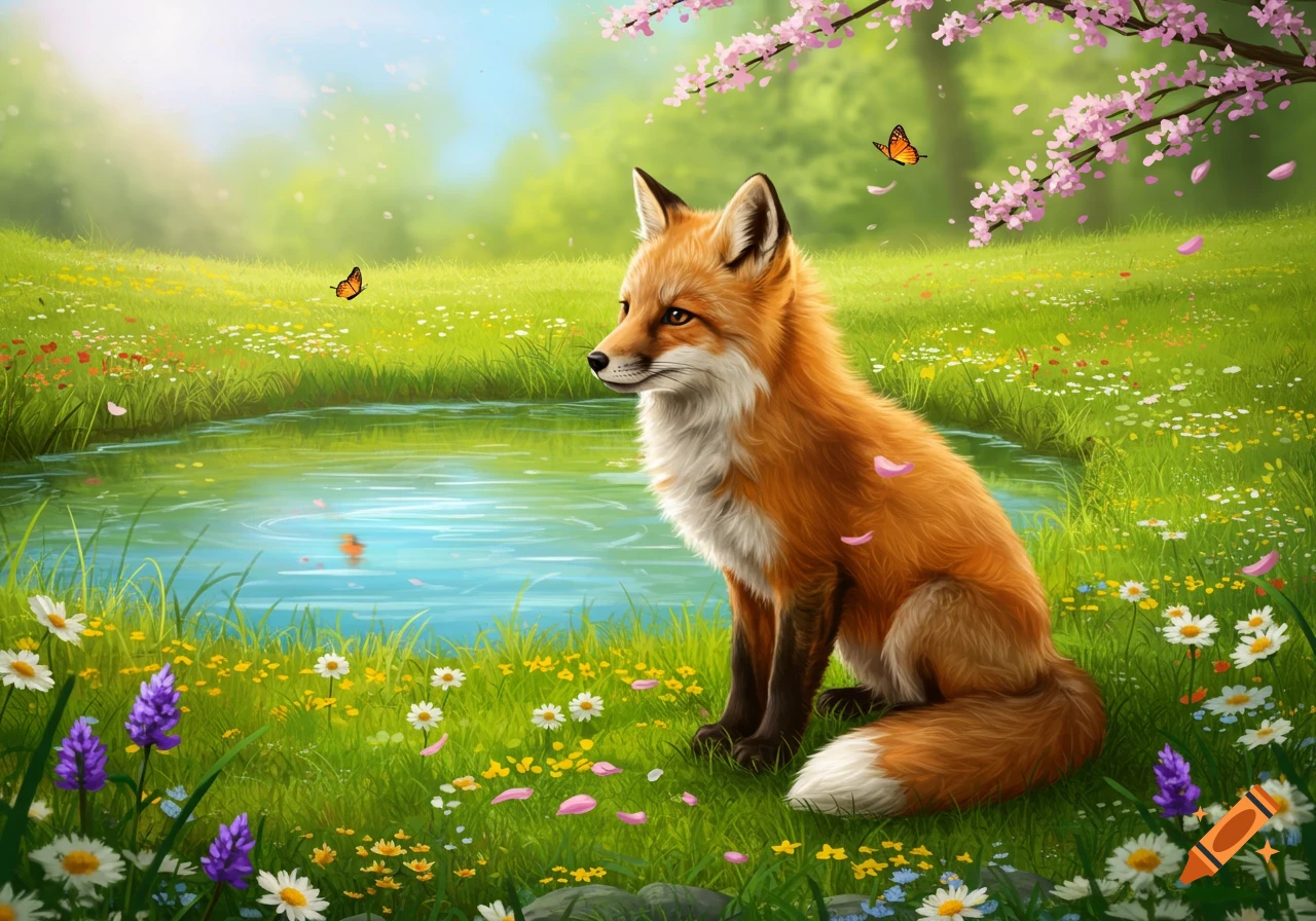 A red fox sits by a small pond in a vibrant spring meadow with wildflowers, cherry blossoms, and butterflies.