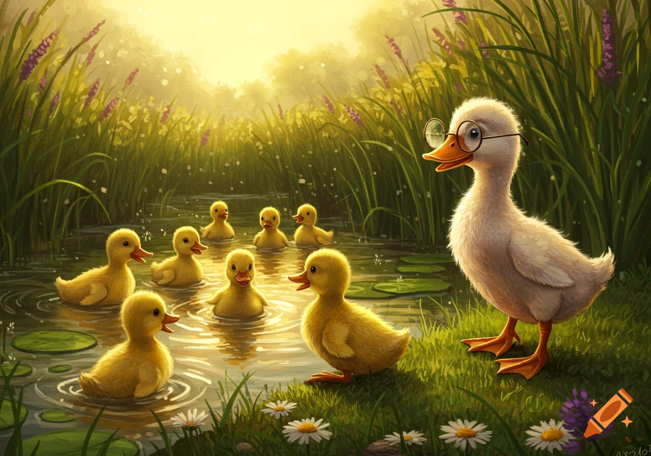 A white adult duck wearing round glasses stands on grassy ground by a pond, watching several yellow ducklings splashing and swimming in the water.