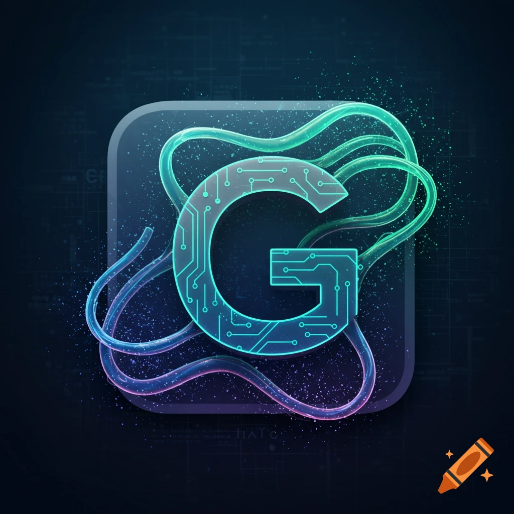 A stylized digital app icon featuring a glowing blue 'G' with circuit board patterns, surrounded by green and purple neon tubes on a dark, abstract background.
