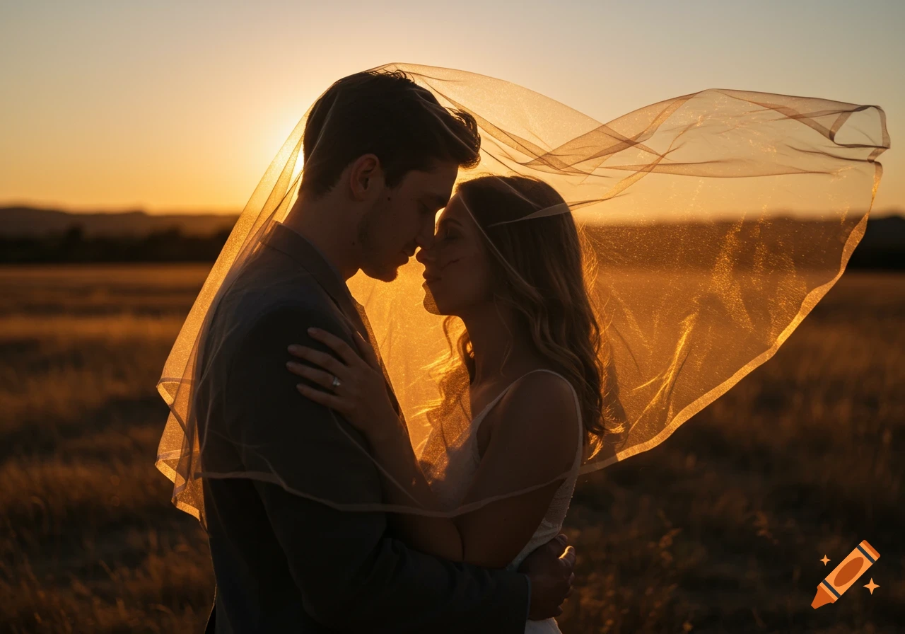 A photorealistic image of a romantic couple embracing at sunset in a field, with a translucent veil draped between them.