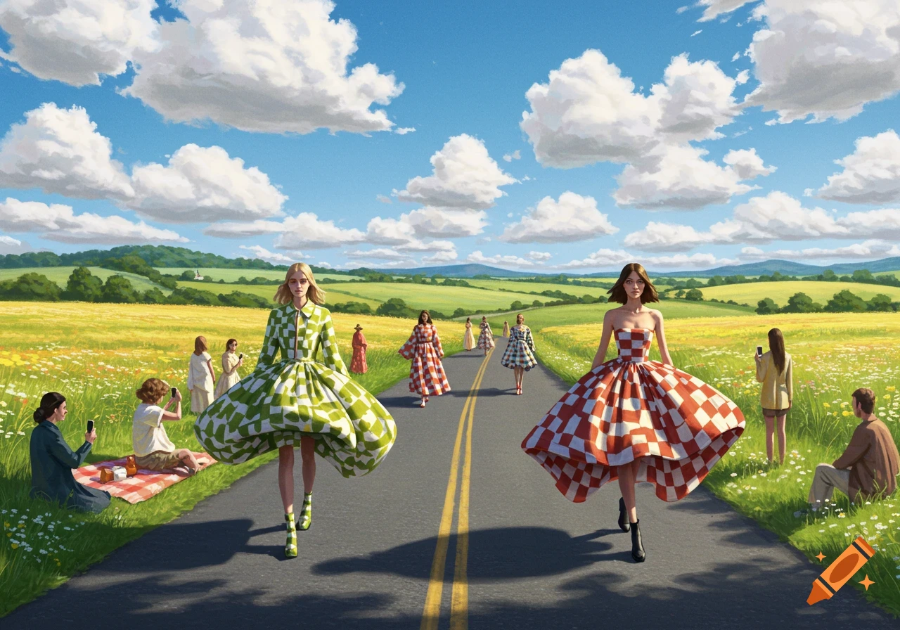 Models in large checkered dresses walk down a country road through sunny fields, watched by onlookers.