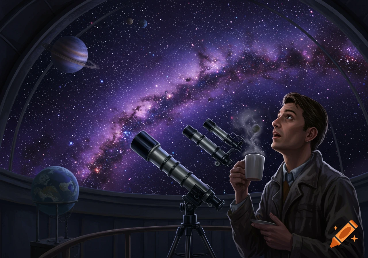 A man in an observatory, holding a coffee cup, gazes upward at a vibrant purple starry night sky with planets and telescopes.