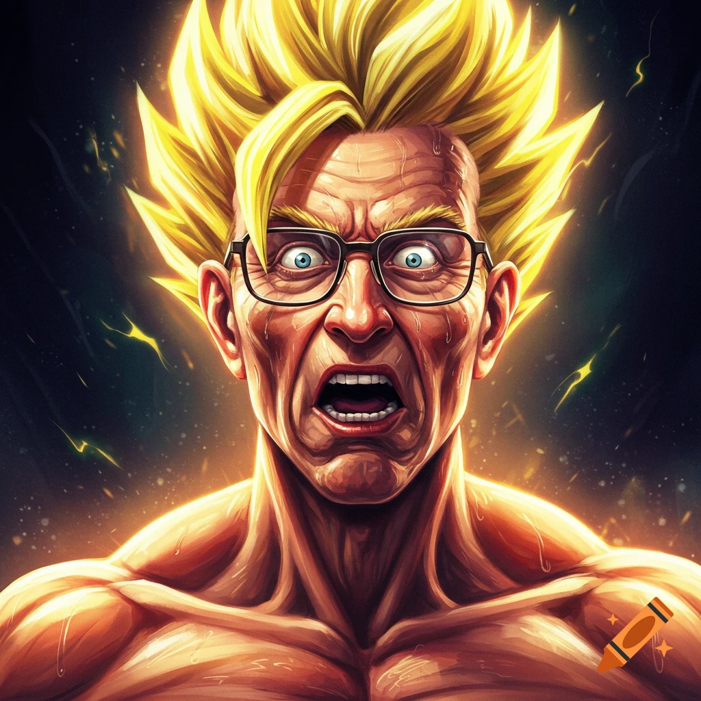 An elderly, muscular man in glasses with yellow Super Saiyan hair screams in shock and epiphany, glowing against a dark, dramatic background.