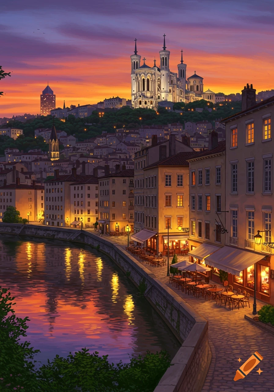 Illustrated view of Lyon at dusk with Basilica of Notre-Dame de Fourvière on a hill, overlooking a river and illuminated streetside cafes.