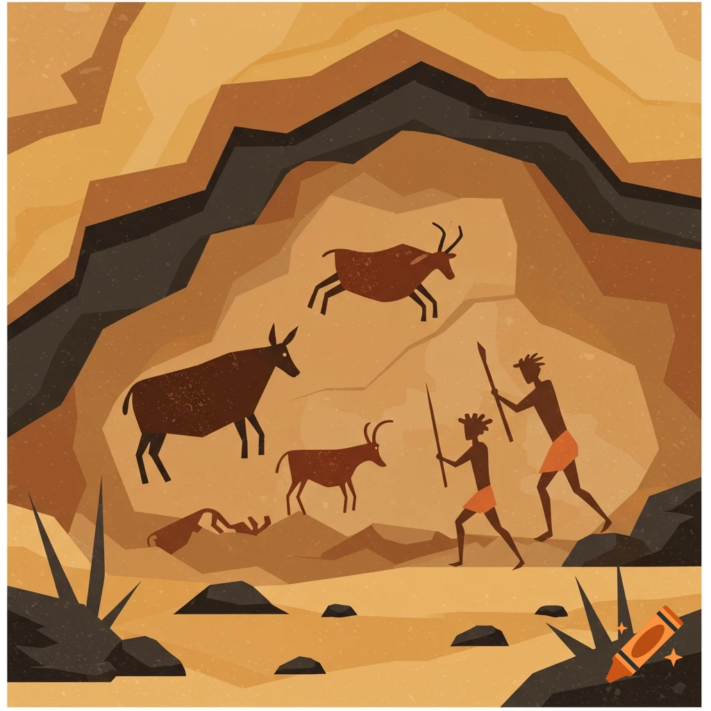 Stylized prehistoric cave painting showing brown animals and two human figures with spears on a textured cave wall.