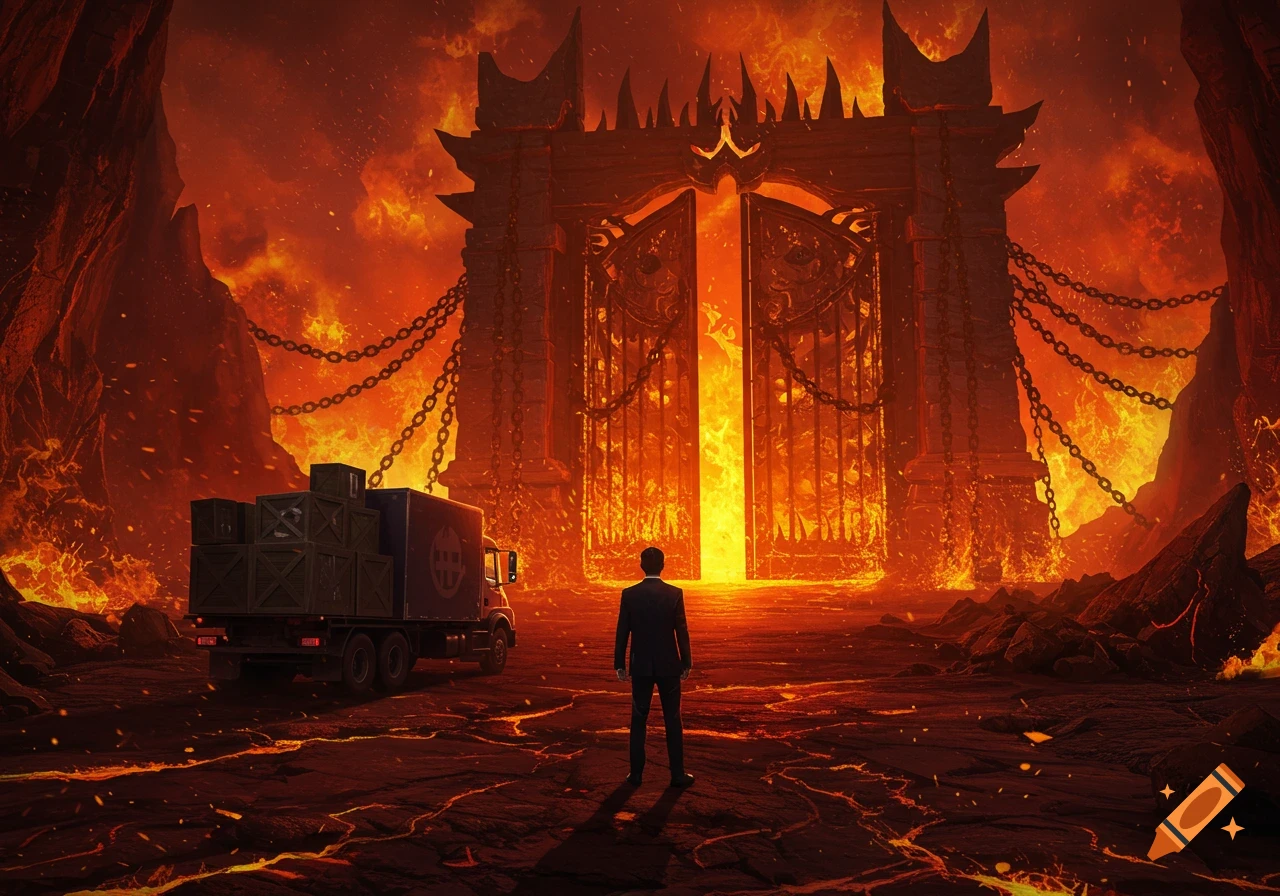 A man in a suit stands before the fiery gates of Hell, with a delivery truck parked behind him in a lava landscape.
