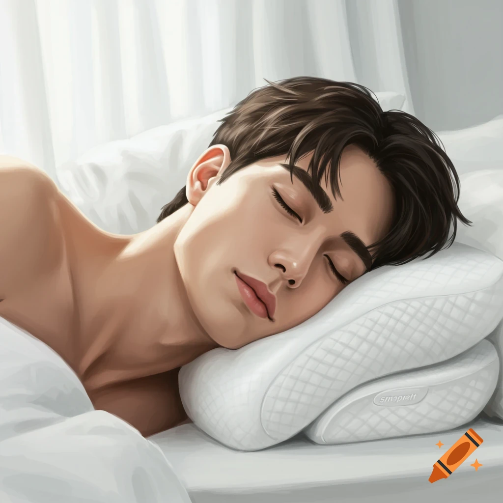 A young man with dark hair sleeps peacefully on his side on a white orthopedic pillow, illuminated by soft light. Digital art.