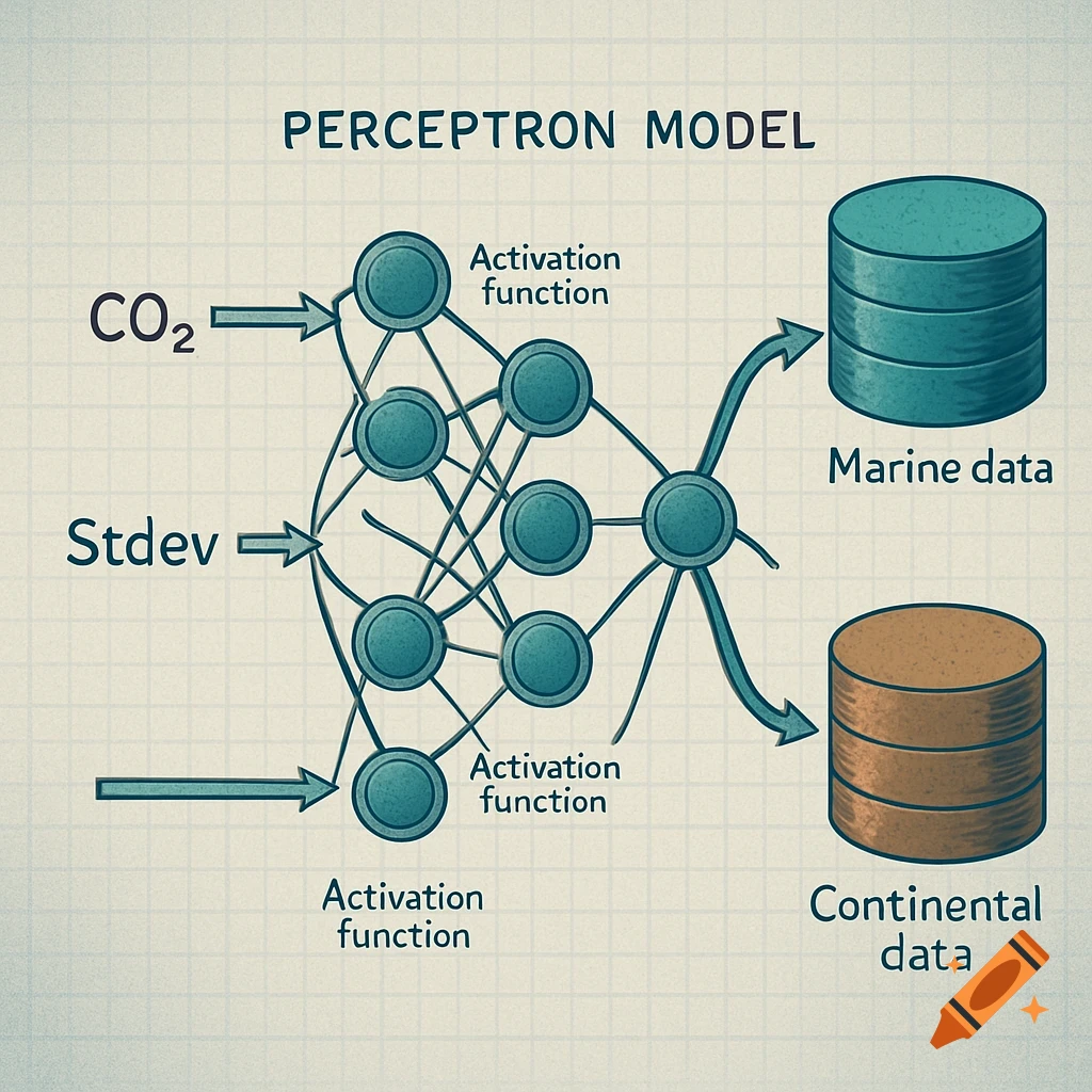 A diagram of a perceptron model showing CO2 and Stdev as inputs, leading to activation functions, and outputting to Marine data and Continental data.