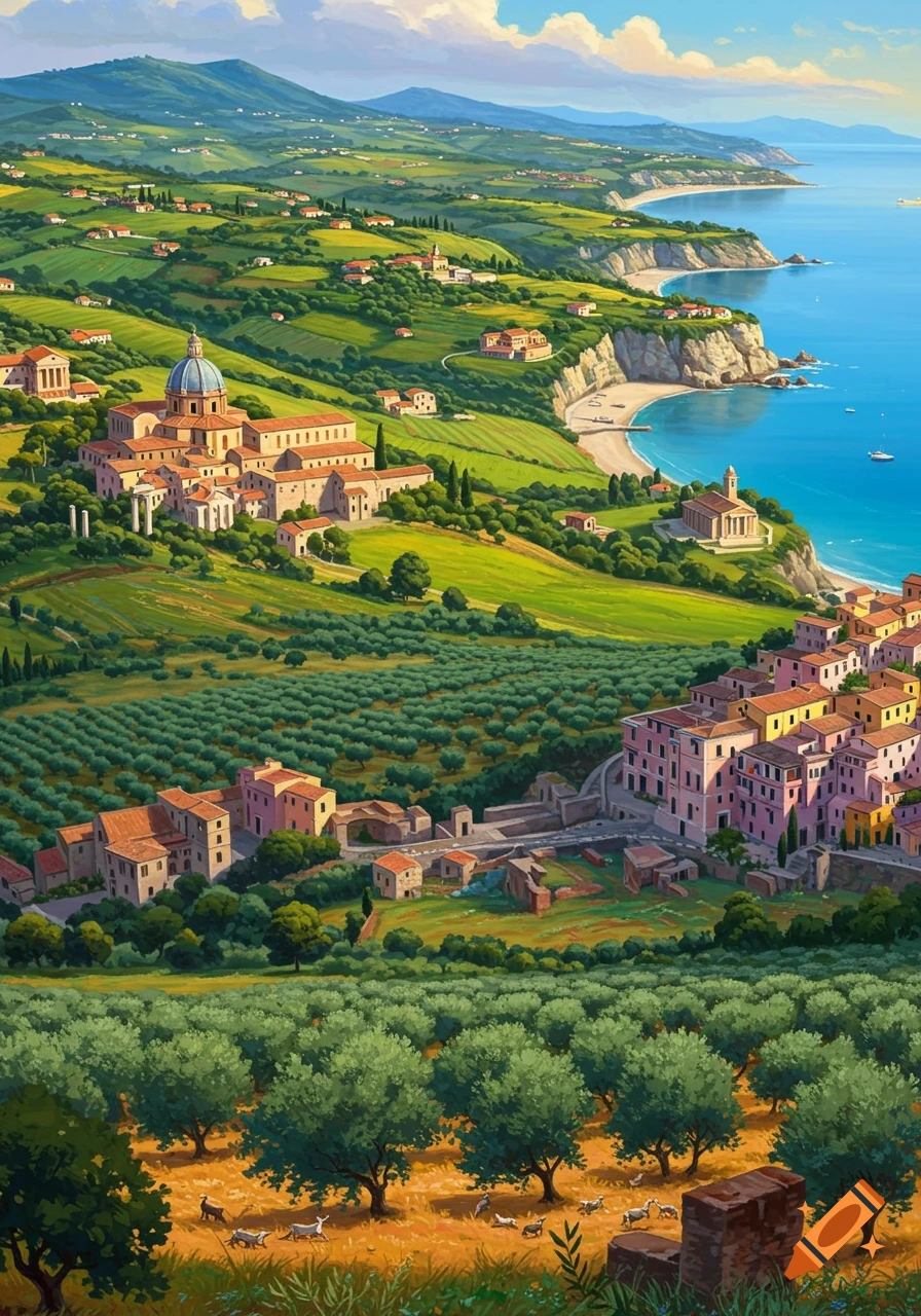 An illustrated aerial view of an Italian coastal landscape with towns, olive groves, a large domed building, green hills, and a blue sea.