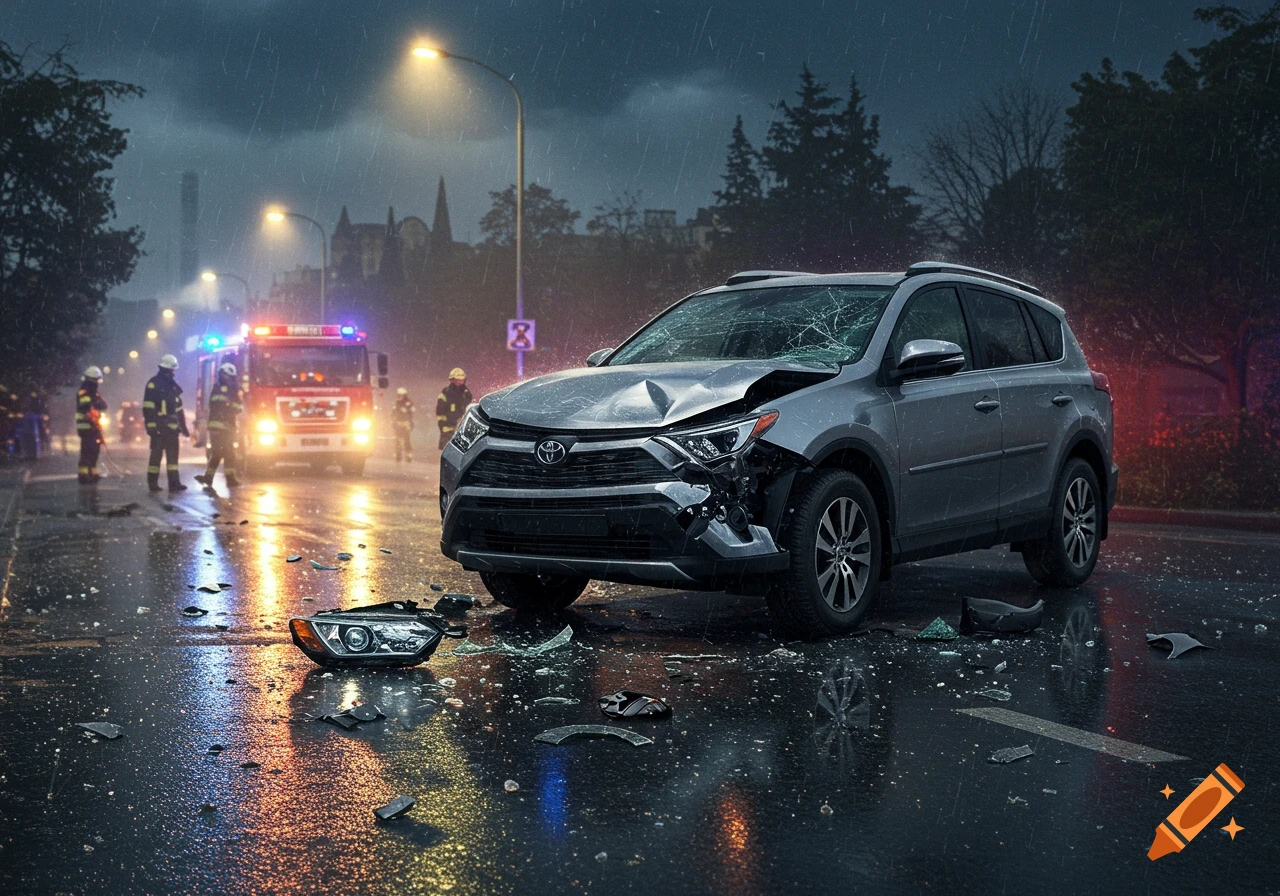 A damaged silver Toyota RAV4 sits on a wet road at night after an accident, with firefighters and an emergency vehicle in the rainy background.