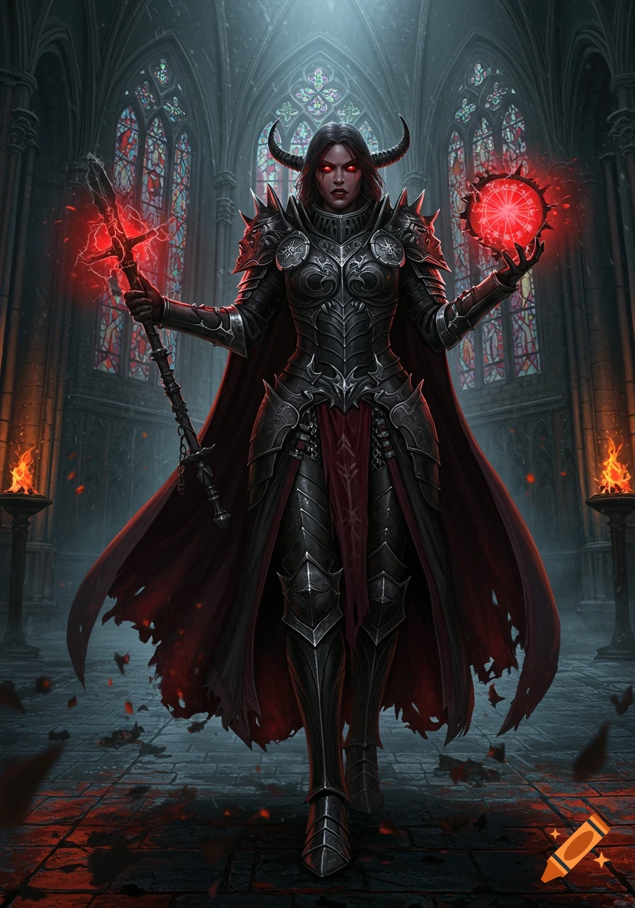 A horned dark female warrior in black armor with a red cape, glowing red eyes, holding a magic staff and orb in a gothic cathedral.