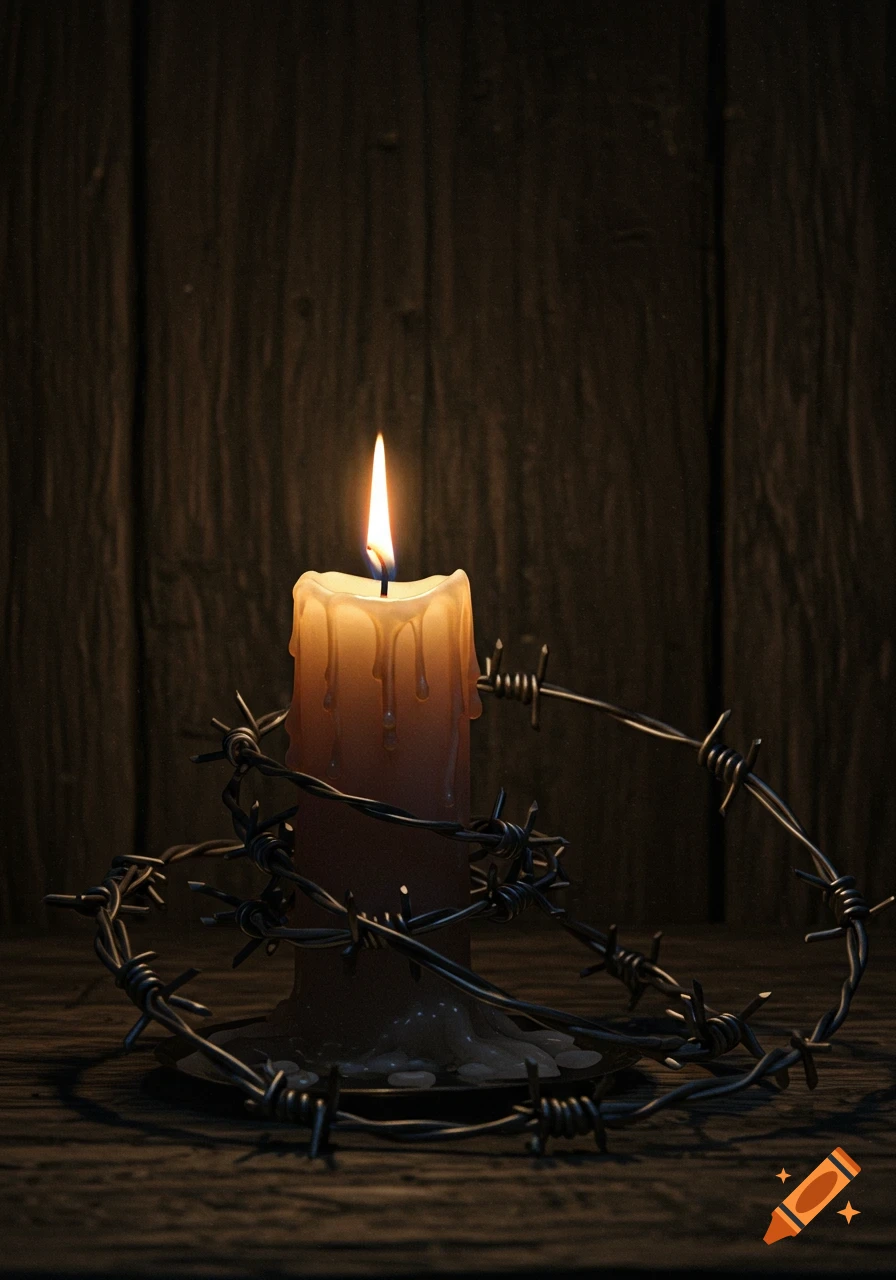 A lit pillar candle with dripping wax, encircled by barbed wire, on a dark wooden surface.