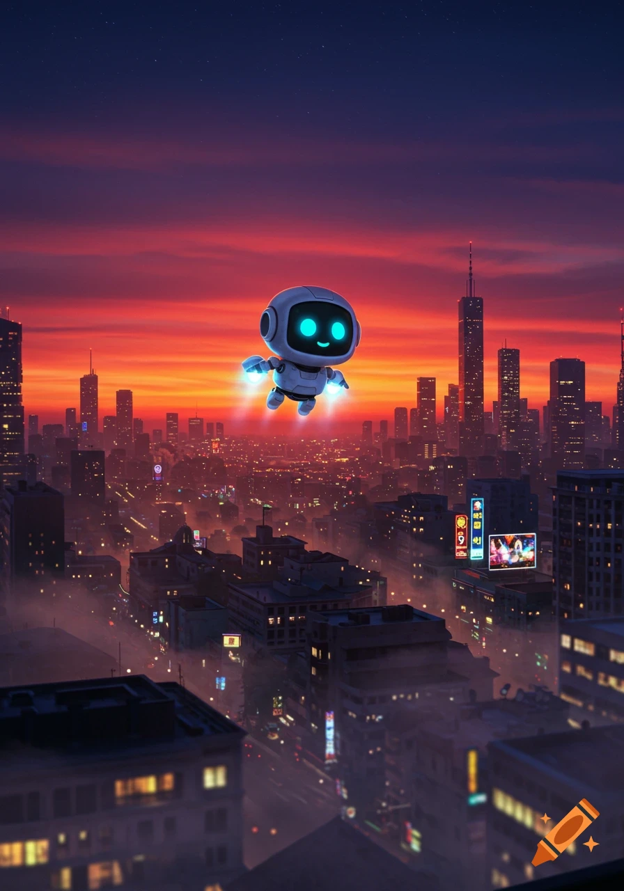 A cute, stylized white robot with glowing blue eyes and jet boosters flies high above a sprawling futuristic city at sunset.